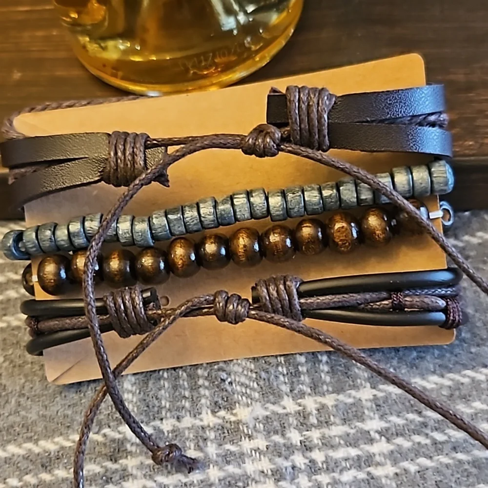 Leather and Cord and Wooden Bead Stacked Bracelets Unisex - Picture 3 of 3
